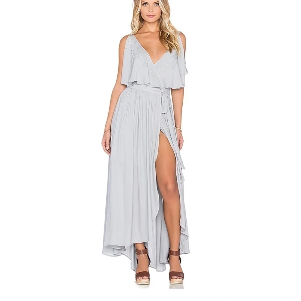 Free People Blue Gray Embroidered Fiona Maxi‎ True Wrap Dress